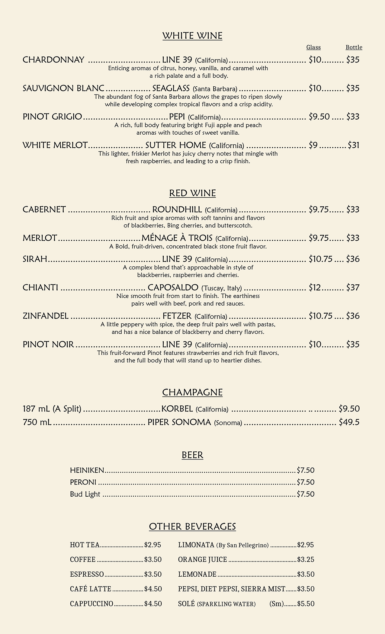 a section of the Pasta Bella menu